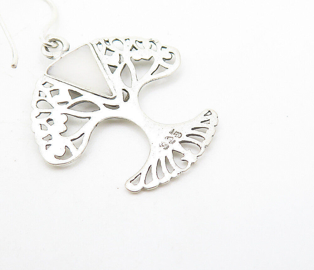 925 Sterling Silver Inlaid Mother Of Pearl Tree Of Life Drop Earrings EG3407
