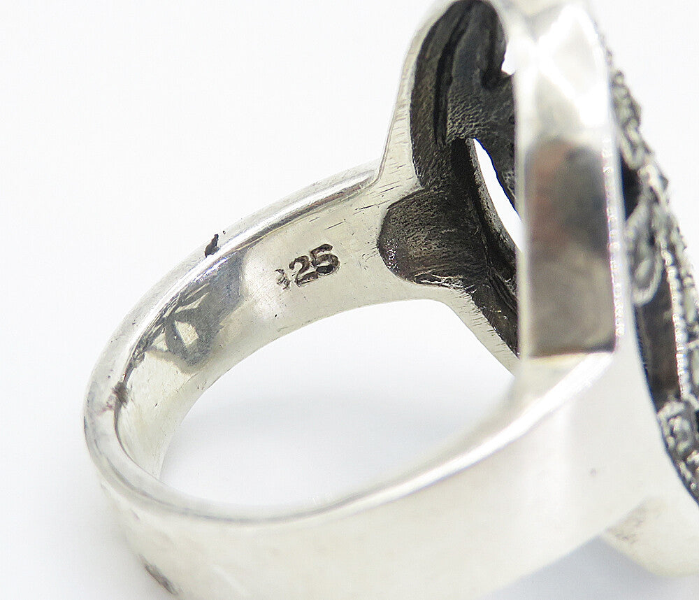 925 Sterling Silver Marcasite Open Retro Flowers Cocktail Ring Sz 7.5 RG8323
