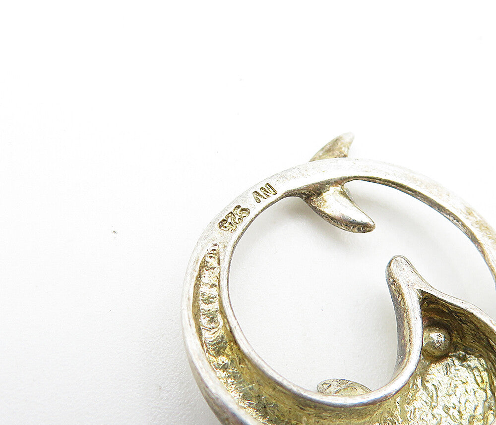 925 Sterling Silver Vintage Topaz Accented Round Dolphin Drop Pendant PT3238
