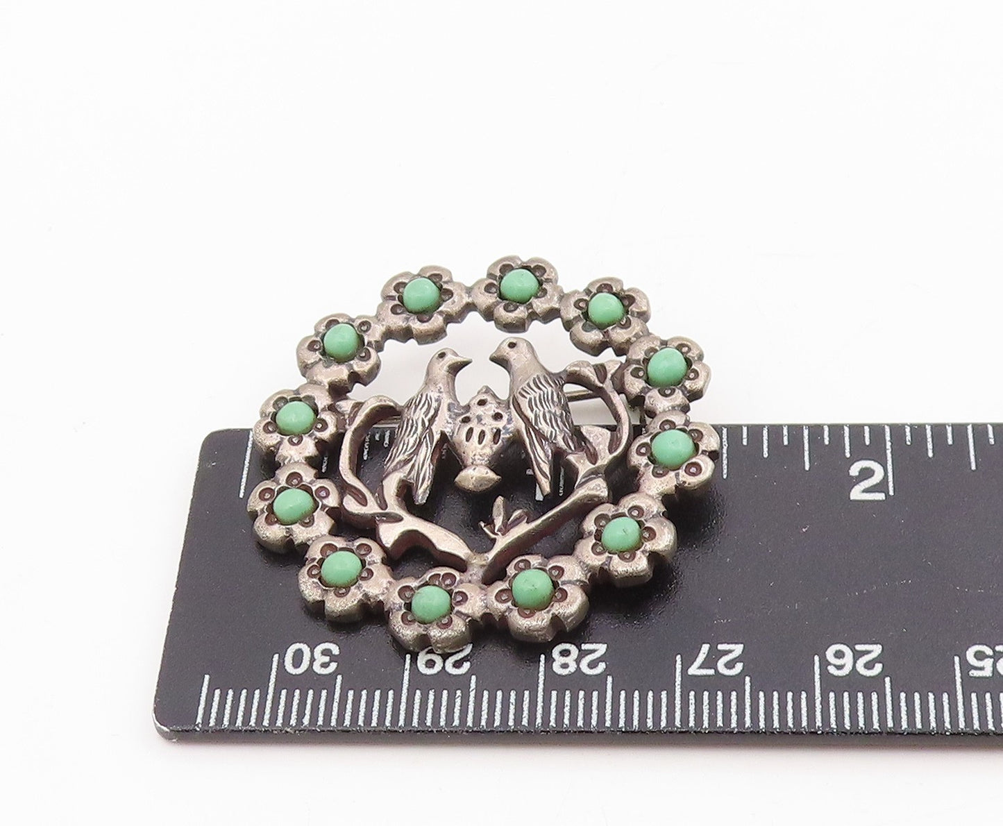 925 Sterling Silver Vintage Brooch Pin MEXICO Turquoise Lovebirds Flower BP12229