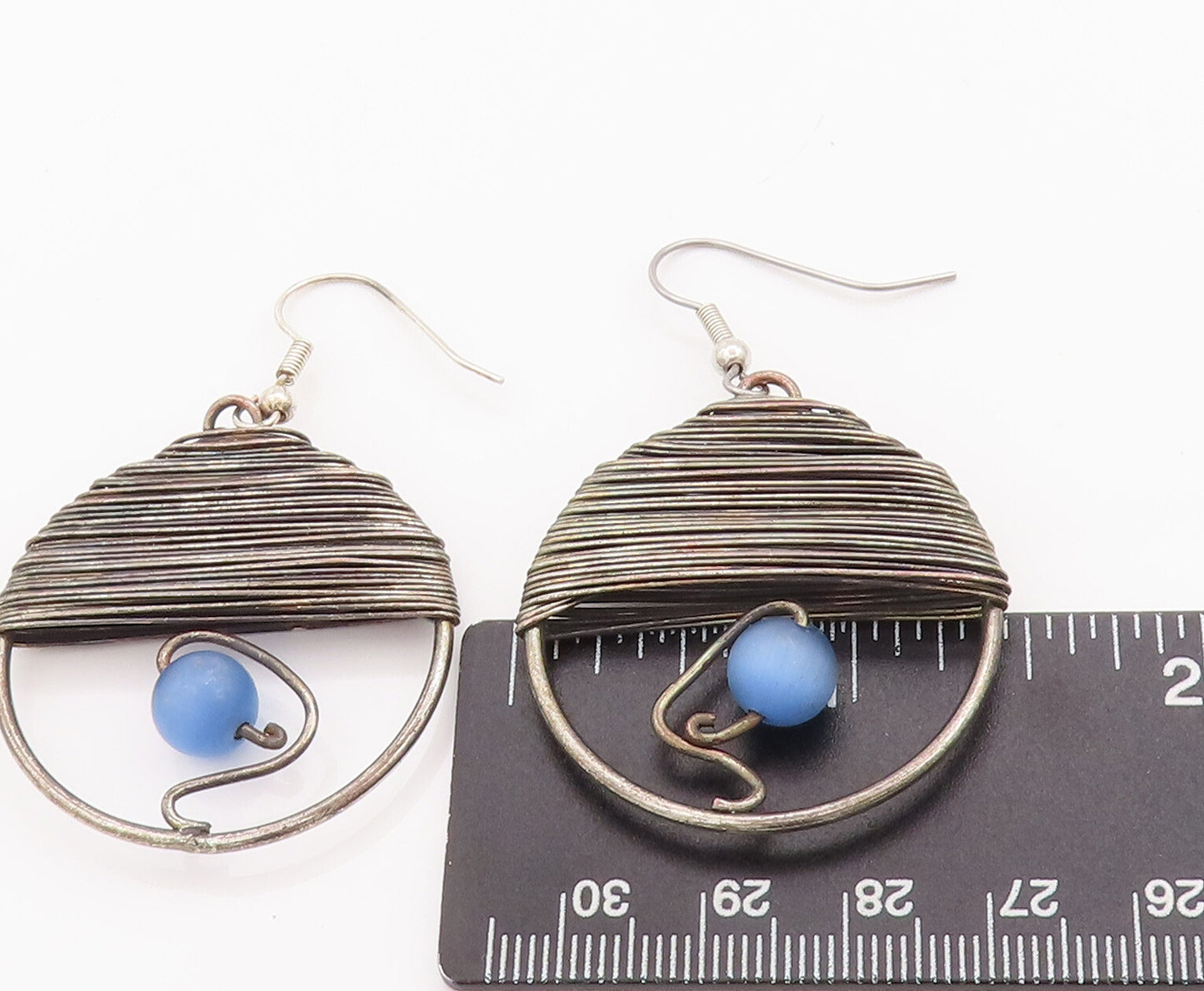 925 Sterling Silver Vintage Earrings Roped Semi Circle Beaded Moonstone EG13020