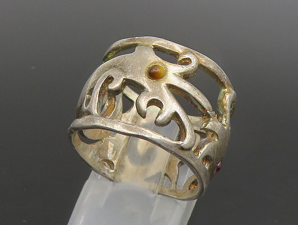 925 Sterling Silver Vintage Tiger's Eye Swirl Cutout Band Ring Sz 8 RG24762