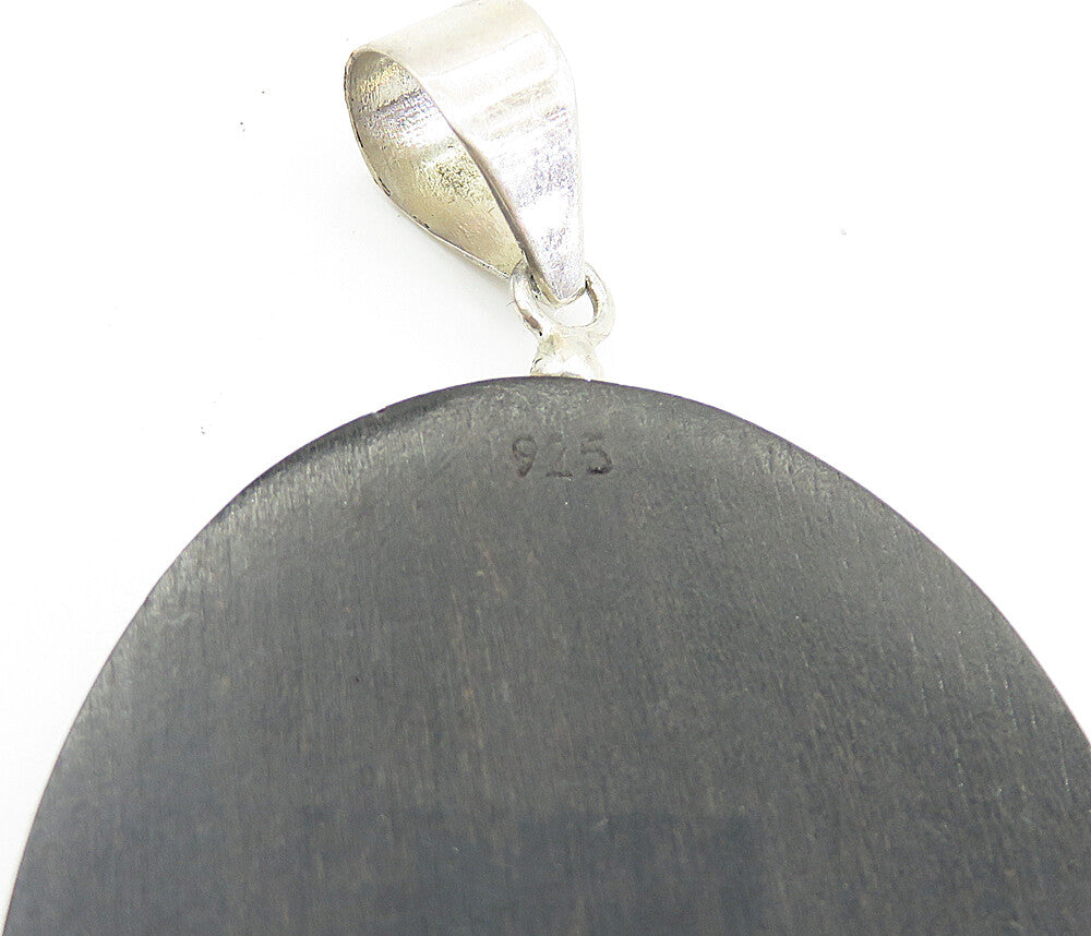 925 Sterling Silver Shiny Squiggle Swirl Detail Oval Wooden Pendant PT6092