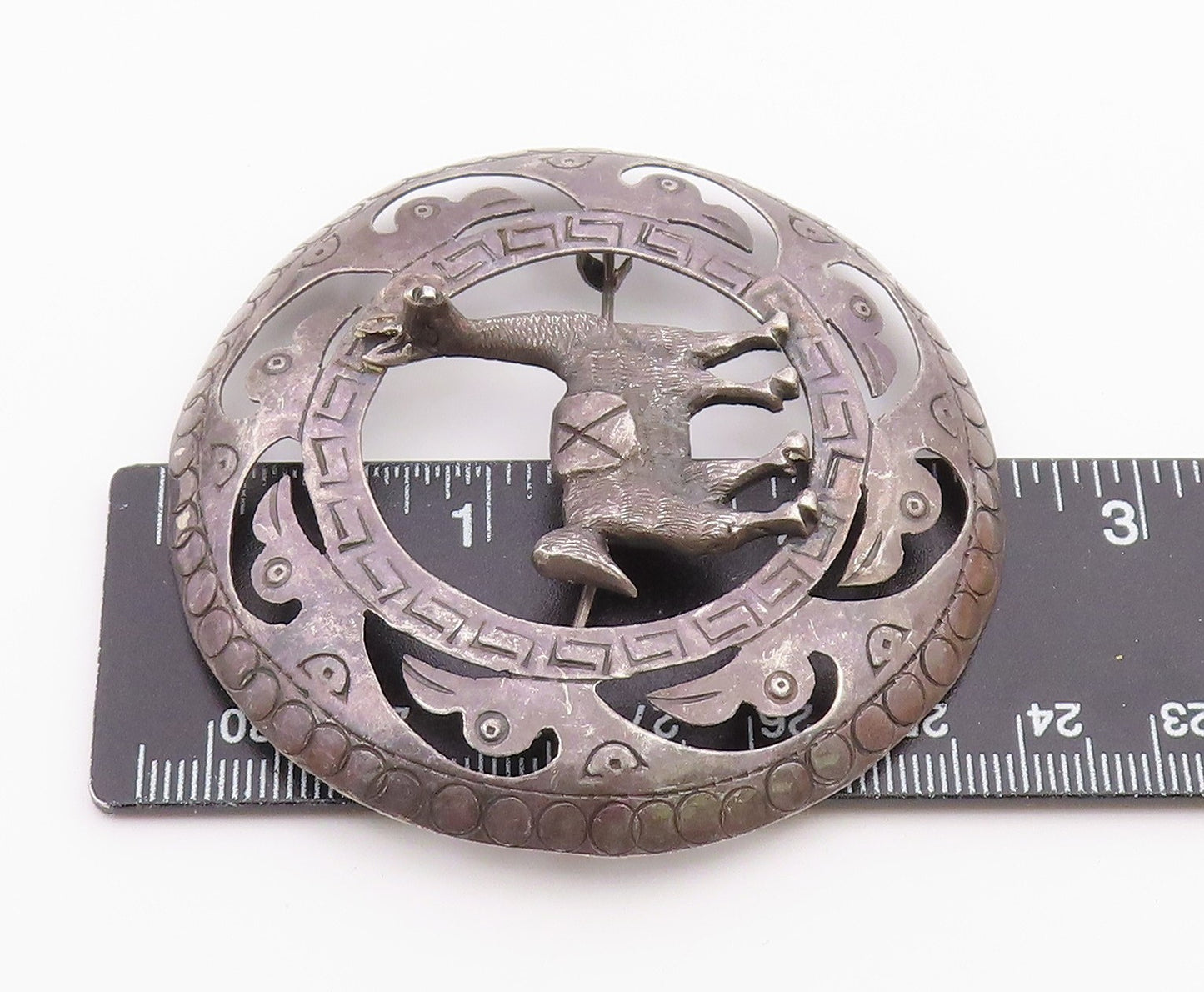 925 Sterling Silver Vintage Antique Alpaca Greek Key Etched Brooch Pin BP4879