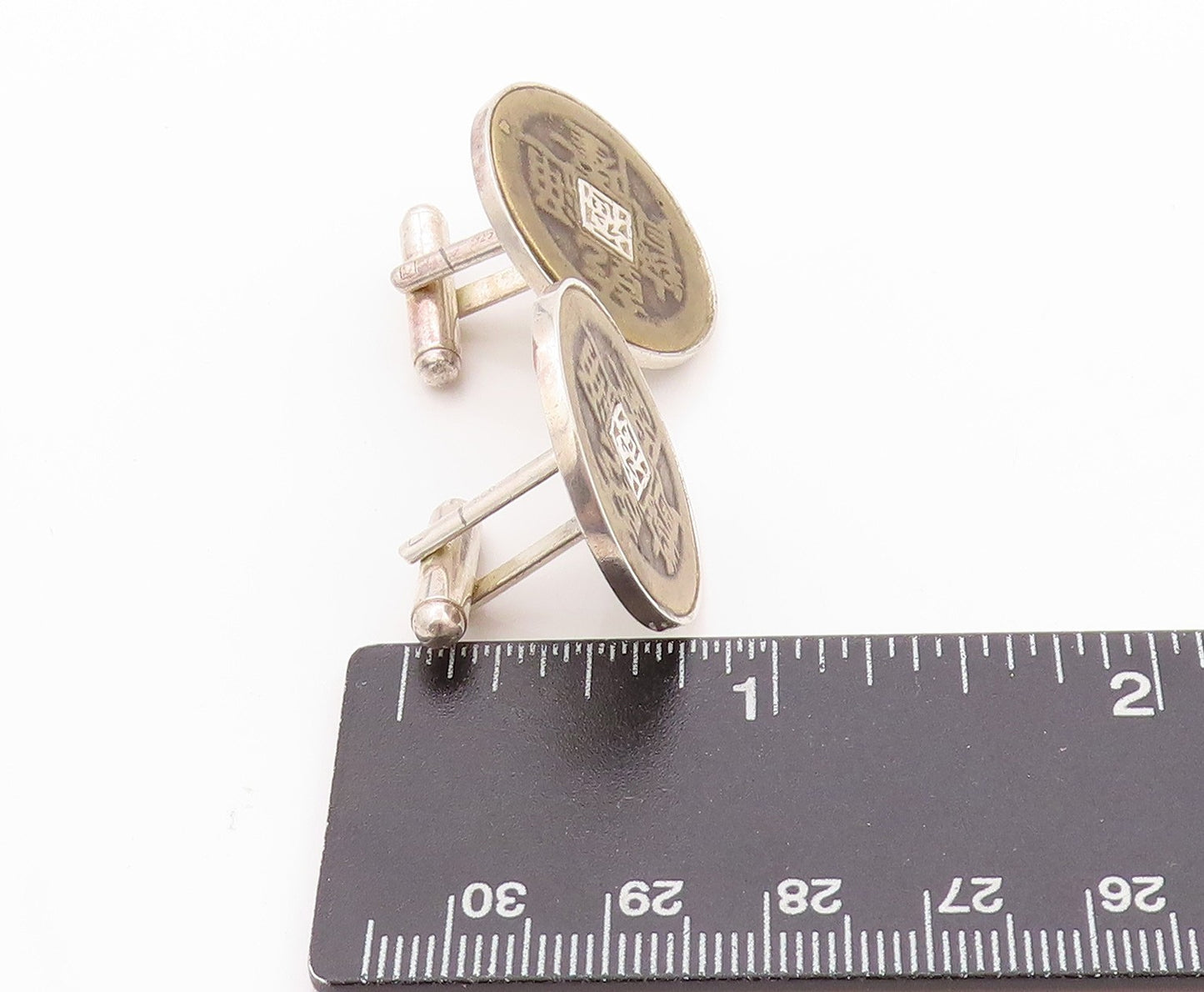 925 Sterling Silver Vintage Cuff Links Chinese Coin of Longevity TR3944