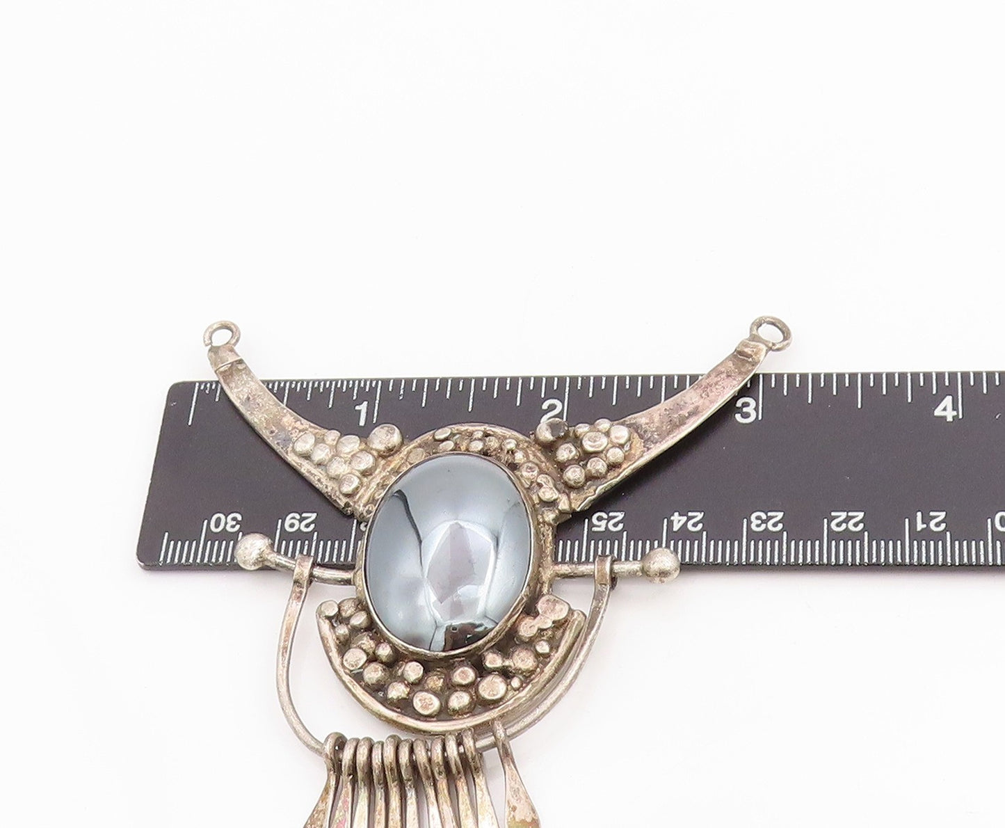 925 Sterling Silver Vintage Pendant Oval Hematite Bohemian Feather Drop PT25171