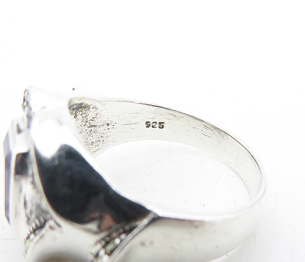 925 Sterling Silver Amethyst & Marcasite Shiny Cocktail Ring Sz 7 RG5685