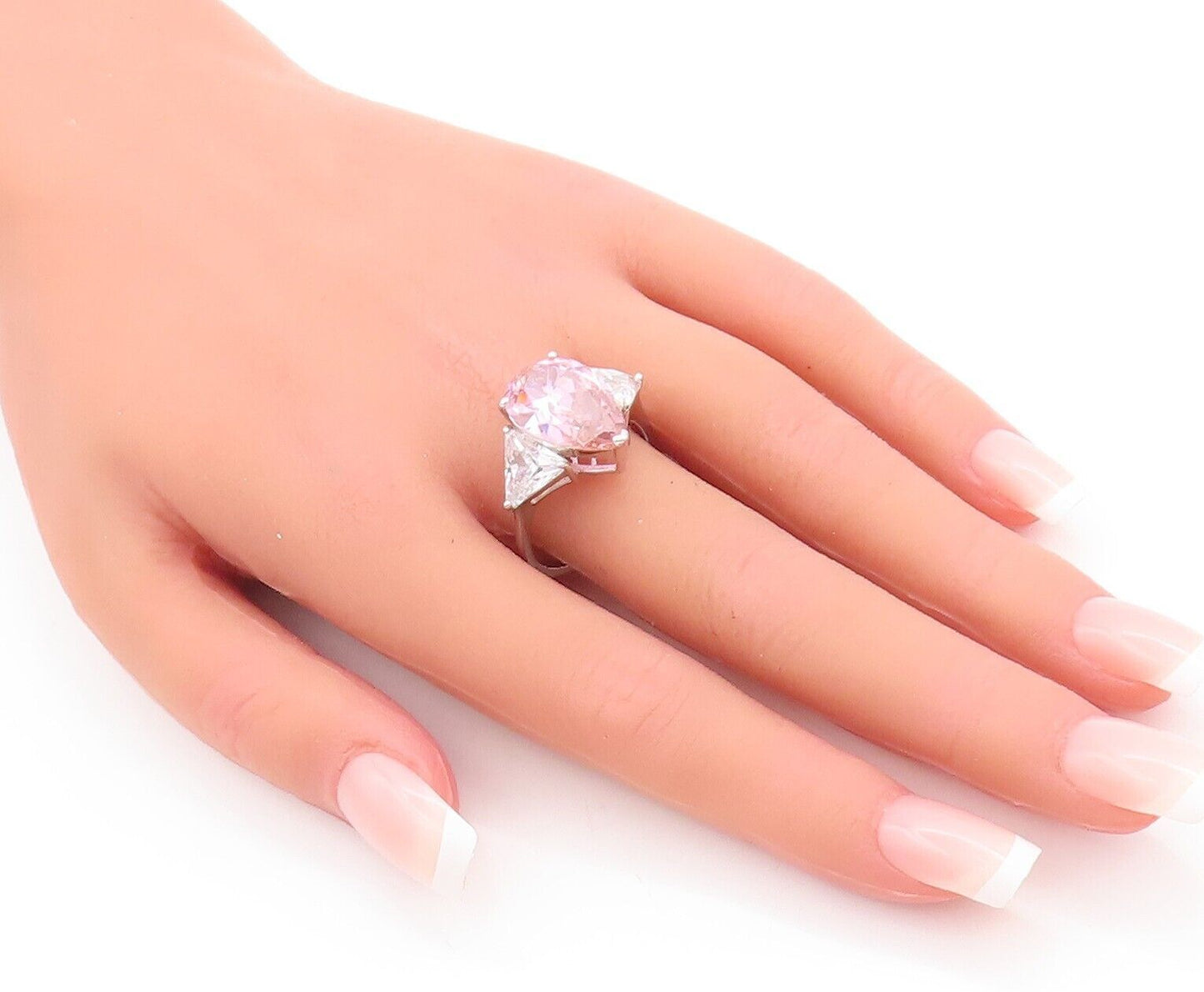 925 Sterling Silver Vintage Ring Oval Pink & Triangle White CZ Sz 10 RG28635
