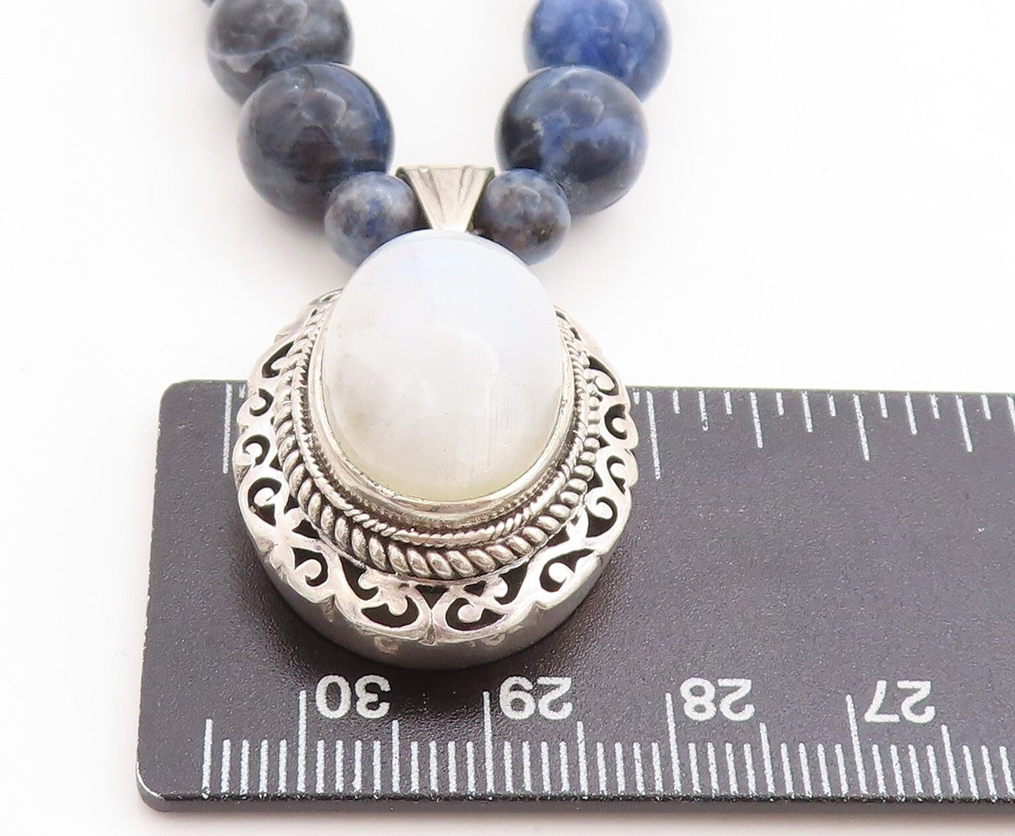 925 Sterling Silver Vintage Moonstone & Sodalite Beaded Chain Necklace NE1211