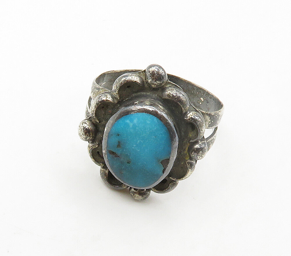 SOUTHWESTERN 925 Sterling Silver Vintage Turquoise Floral Band Ring Sz 8 RG16689