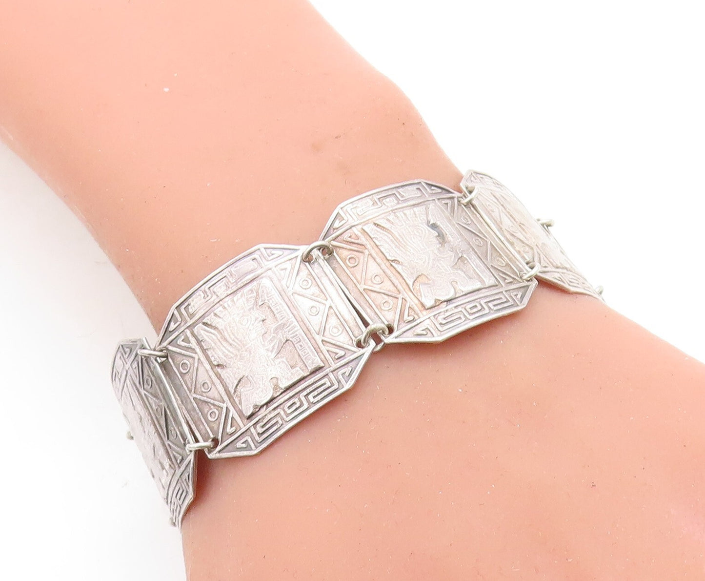PERU 925 Sterling Silver Vintage Traditional Pattern Chain Bracelet BT1825