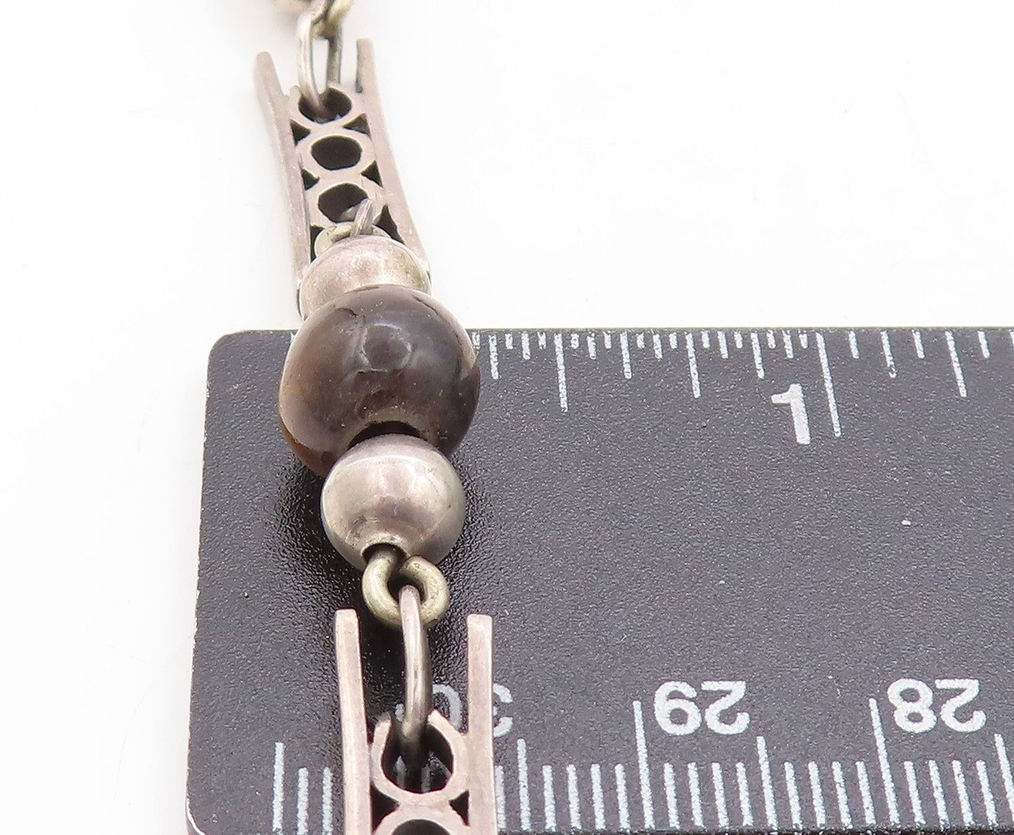 925 Sterling Silver Vintage Necklace MEXICO Designer Beaded Tiger's Eye NE4413