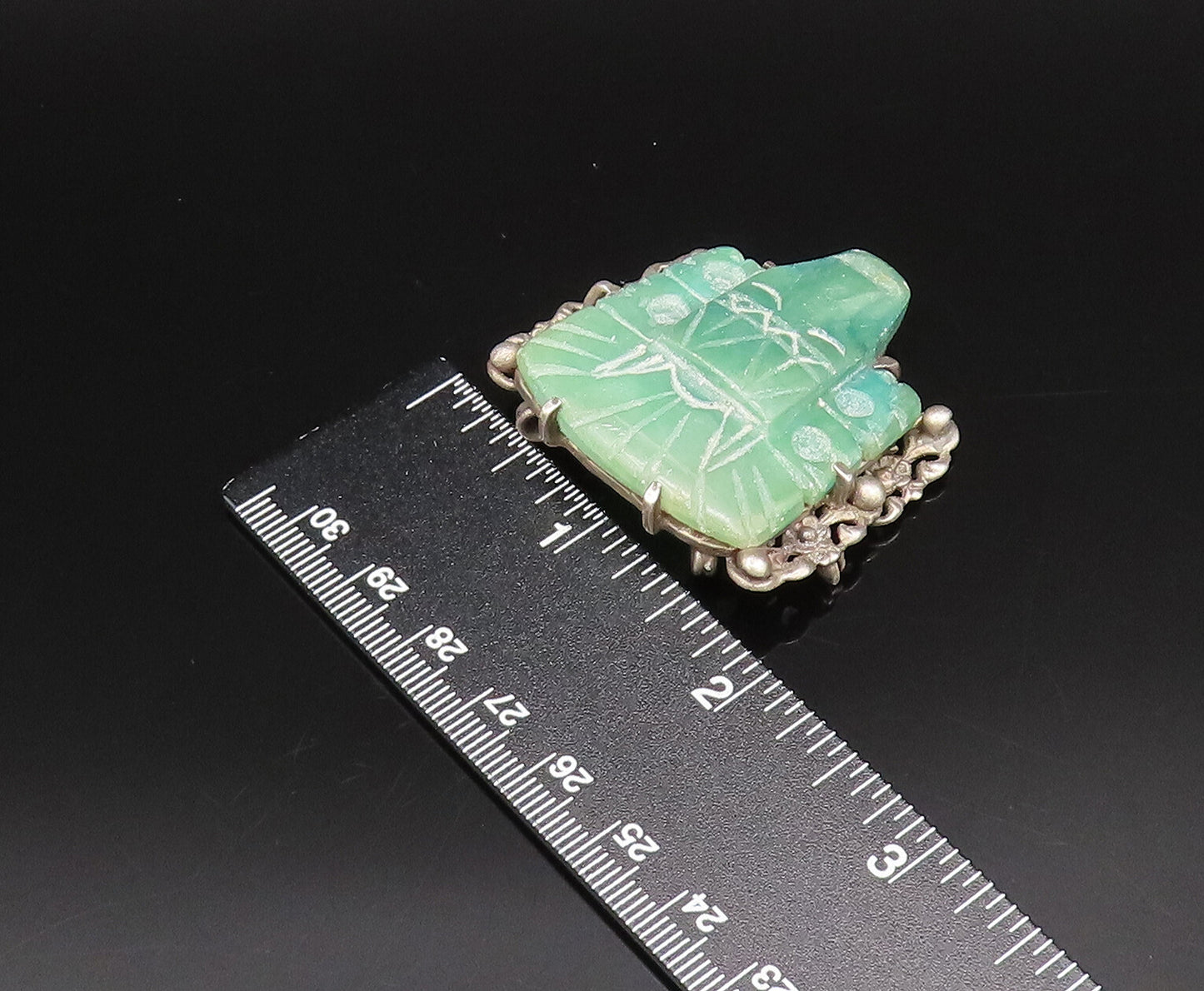 925 Sterling Silver Vintage Jade & Beaded Aztec Warrior Head Brooch Pin BP10009