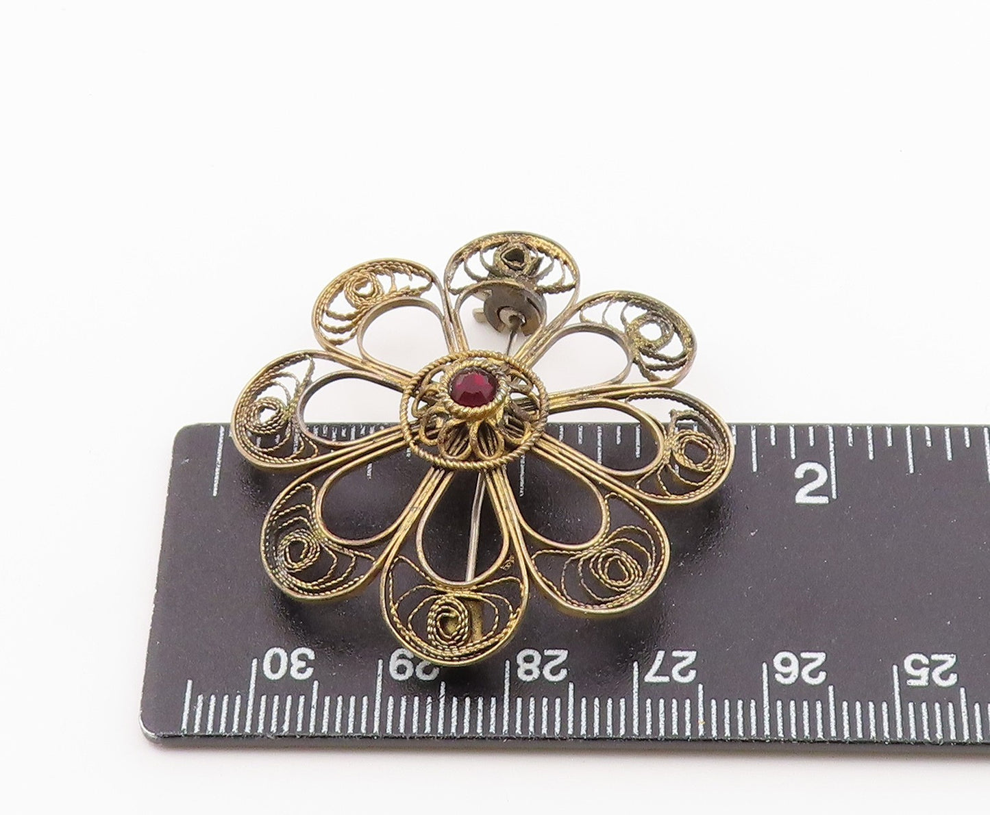 ISRAEL 925 Sterling Silver Vintage Topaz Filigree Flower Brooch Pin BP3606
