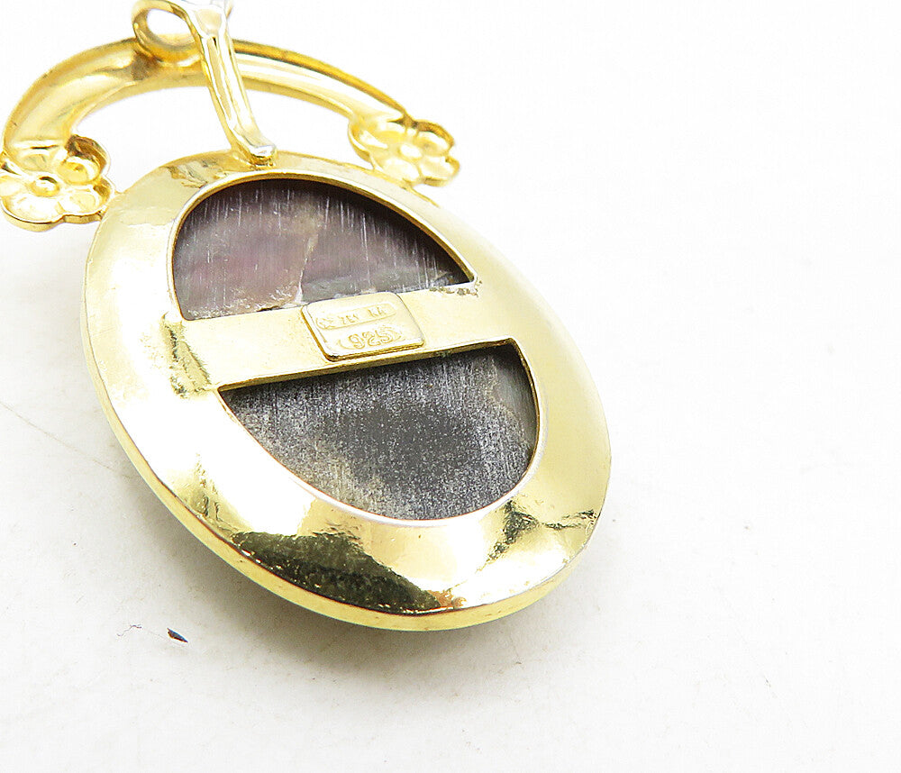 925 Sterling Silver Mother Of Pearl Floral Gold Plated Drop Pendant PT6992