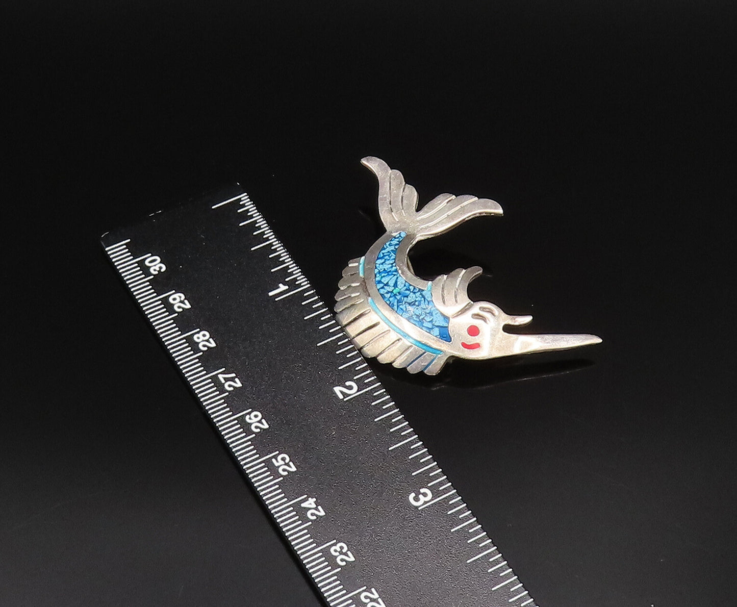 EVC MEXICO 925 Silver Vintage Enamel & Turquoise Swordfish Brooch Pin BP9990