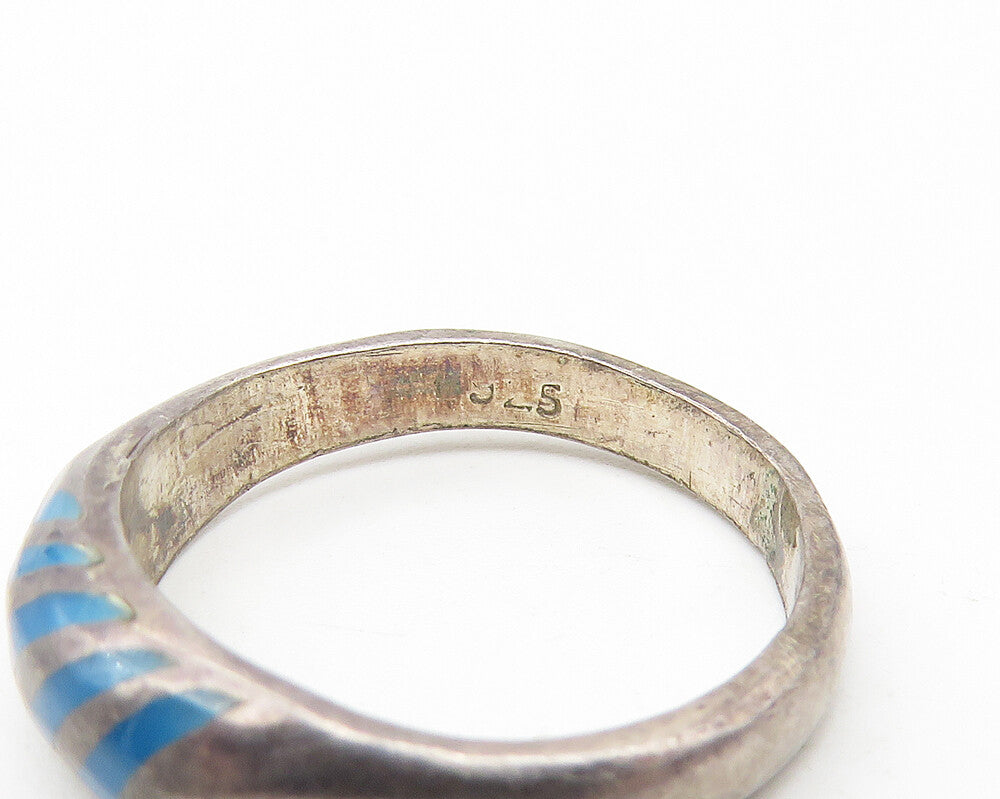 MEXICO 925 Silver Vintage Inlaid Turquoise Striped Band Ring Sz 4.5 RG10778