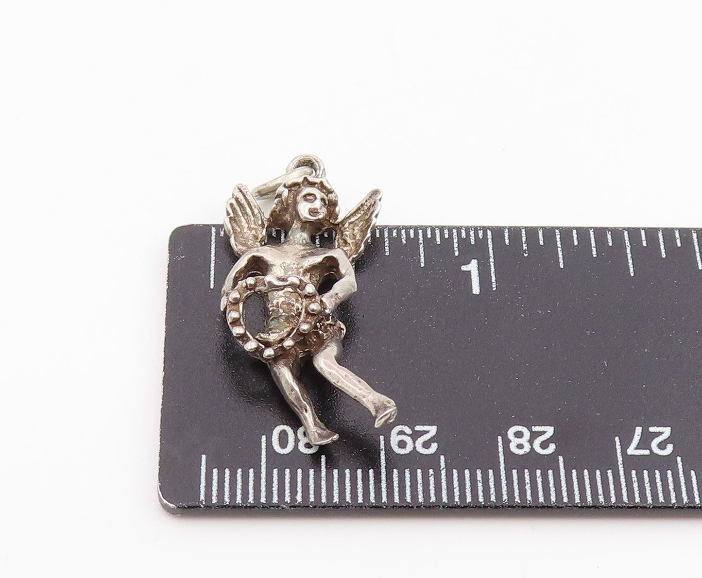 925 Sterling Silver Vintage Pendant Winged Cupid With Love Heart Charm PT25956
