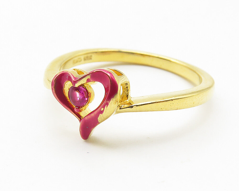 925 Sterling Silver Pink Topaz Gold Plated Heart Band Ring Sz 7 RG11571