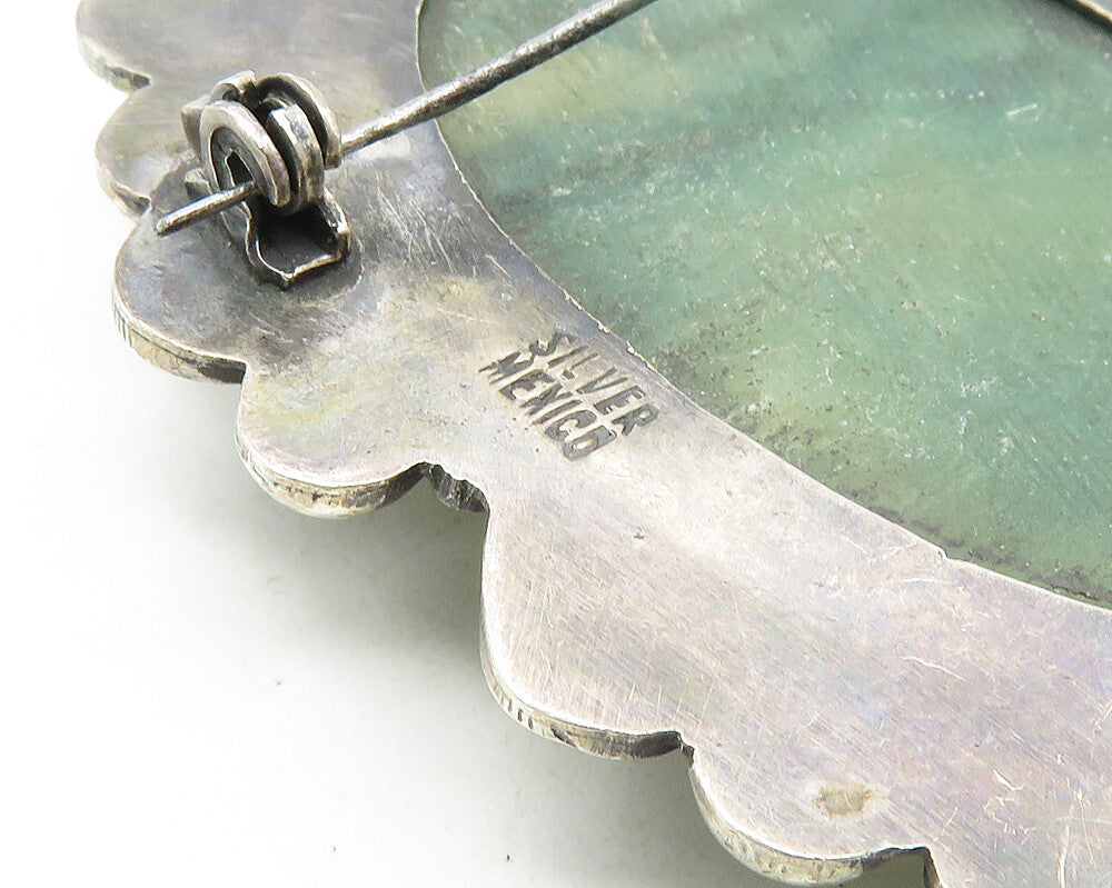 MEXICO 925 Sterling Silver Vintage Antique Face Carved Jade Brooch Pin BP3848