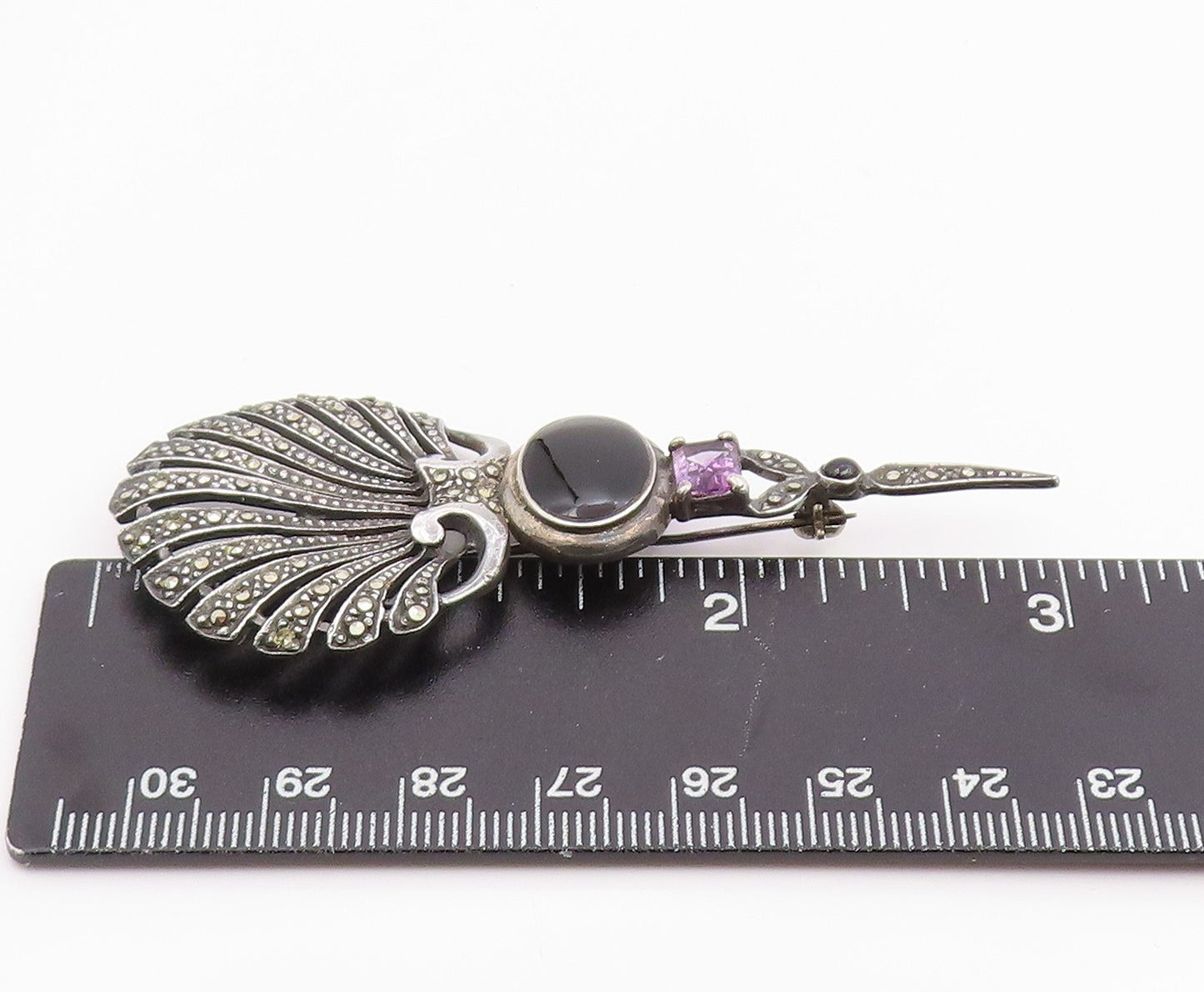 925 Sterling Silver Vintage Brooch Pin Multi Gemstone Shell Shaped Motif BP12447