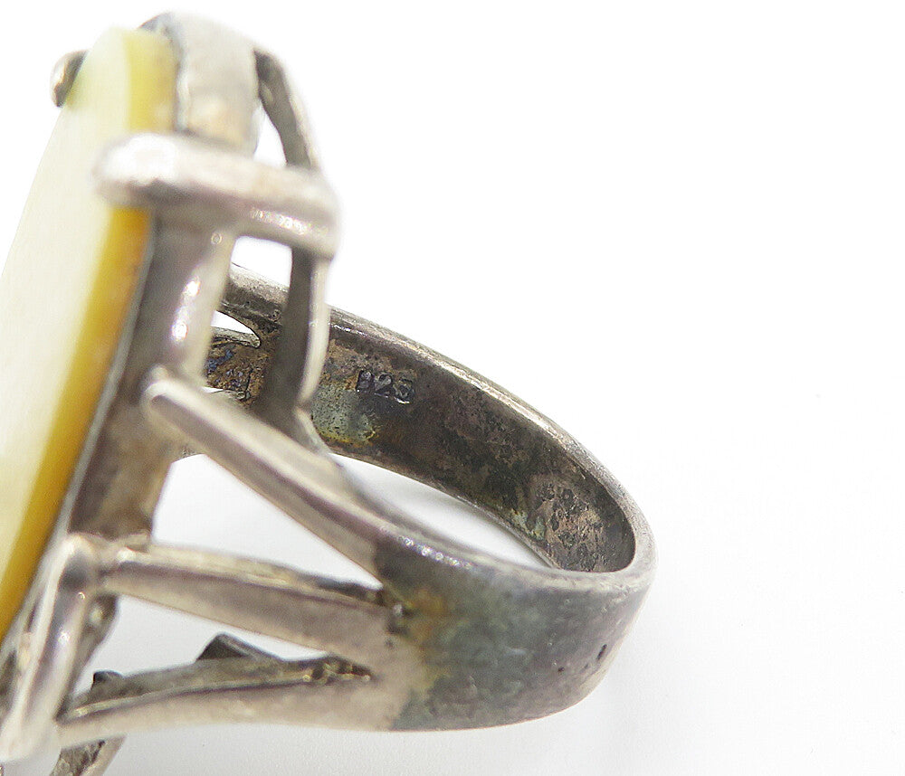 925 Sterling Silver Vintage Mother Of Pearl Oval Cocktail Ring Sz 8 RG8409