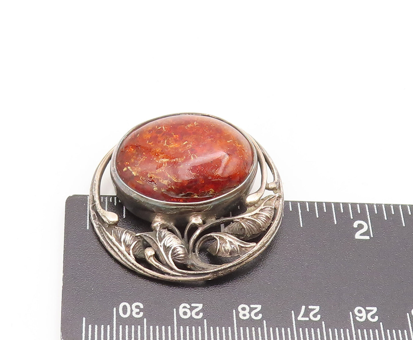 925 Silver Vintage Swirly Cutout Leaf & Large Amber Round Brooch Pin BP10515