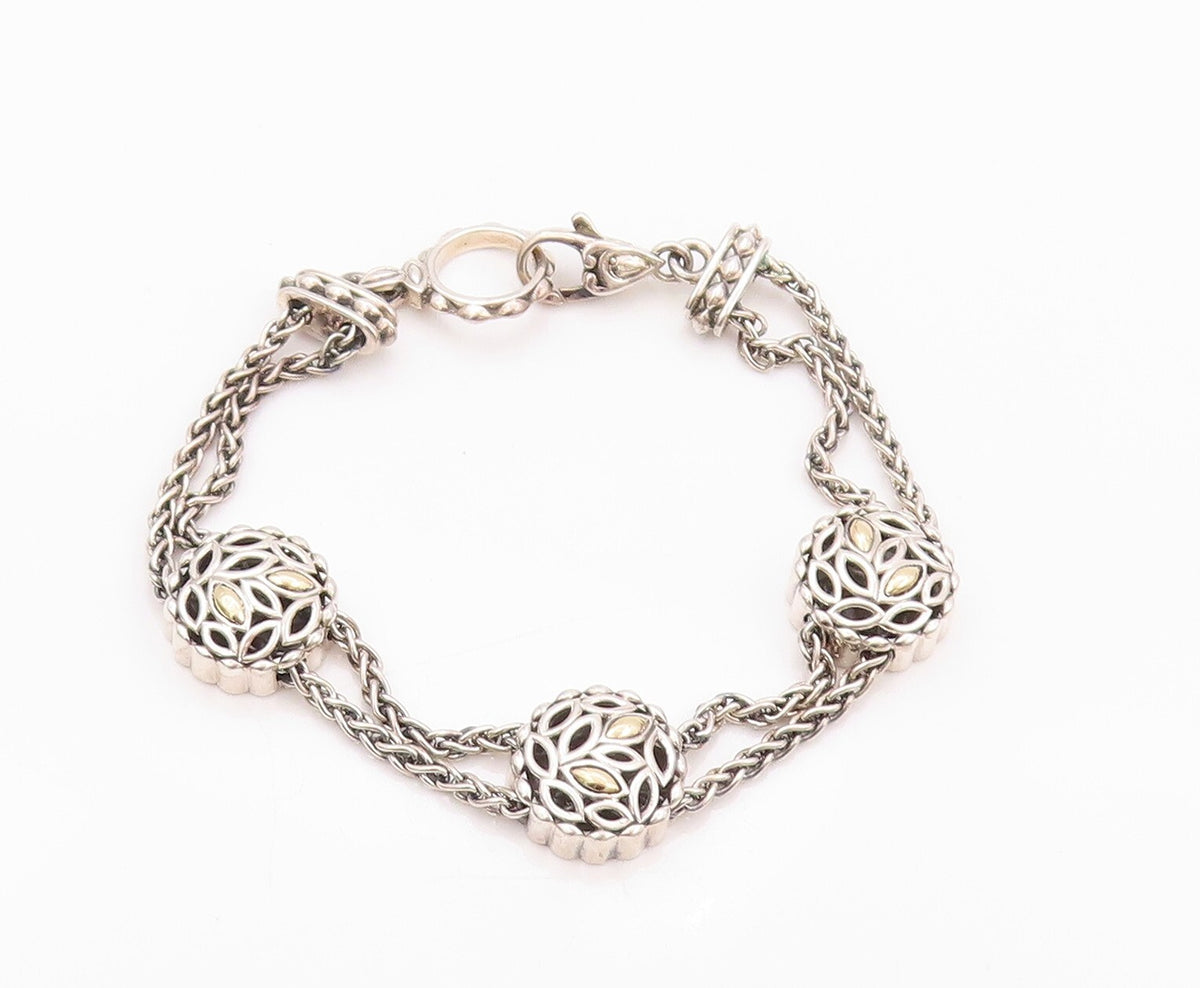 14k Gold 925 Sterling Silver Vintage Bracelet Round Floral Cut Chained BT11091