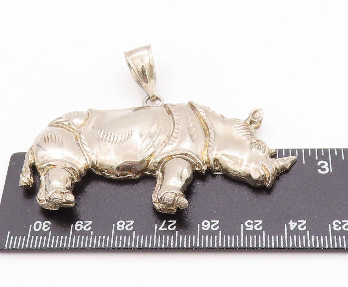 925 Sterling Silver Vintage Pendant Large One Horn Rhinoceros Carved PT24639