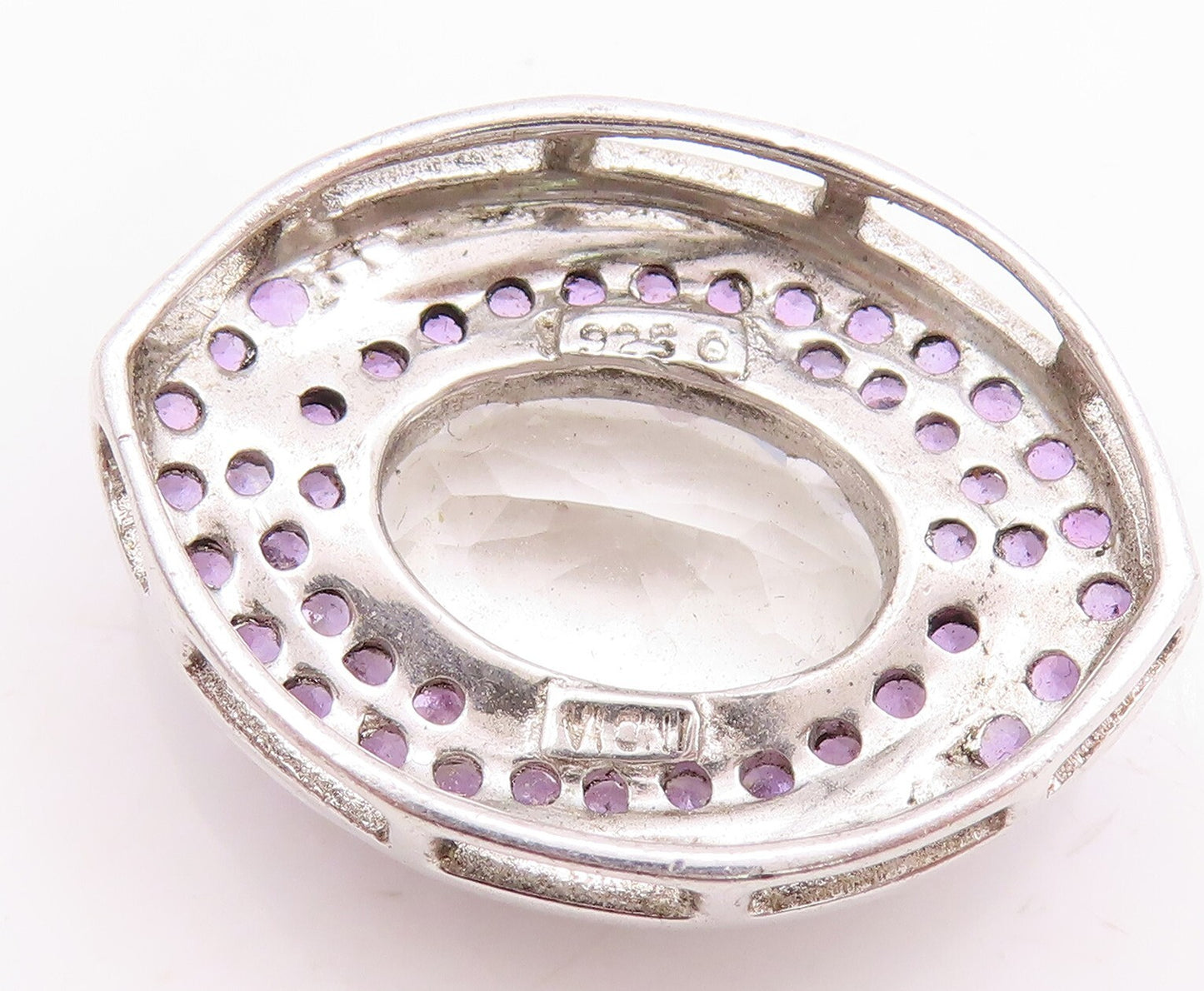 925 Sterling Silver Vintage Pendant Oval CZ Halo Amethyst Inlay Frame PT23804