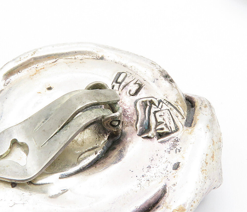 925 Sterling Silver Vintage Modernist Sculpted Non Pierce Earrings EG2916