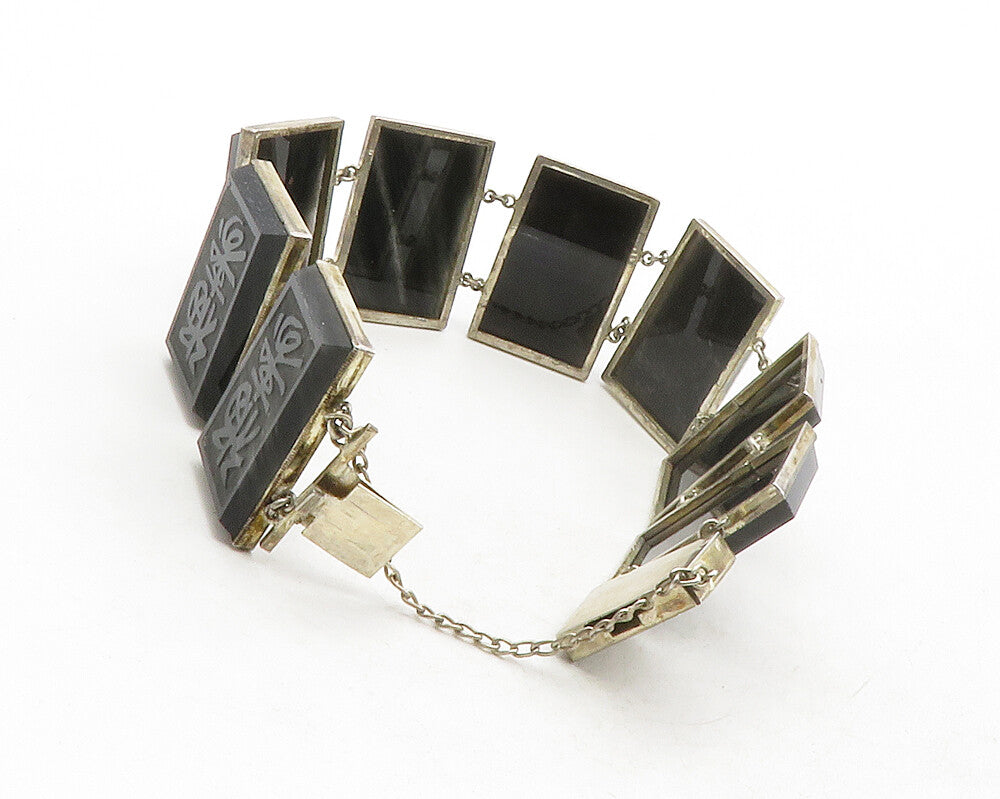 925 Sterling Silver Vintage Black Onyx Chinese Writing Chain Bracelet BT4836
