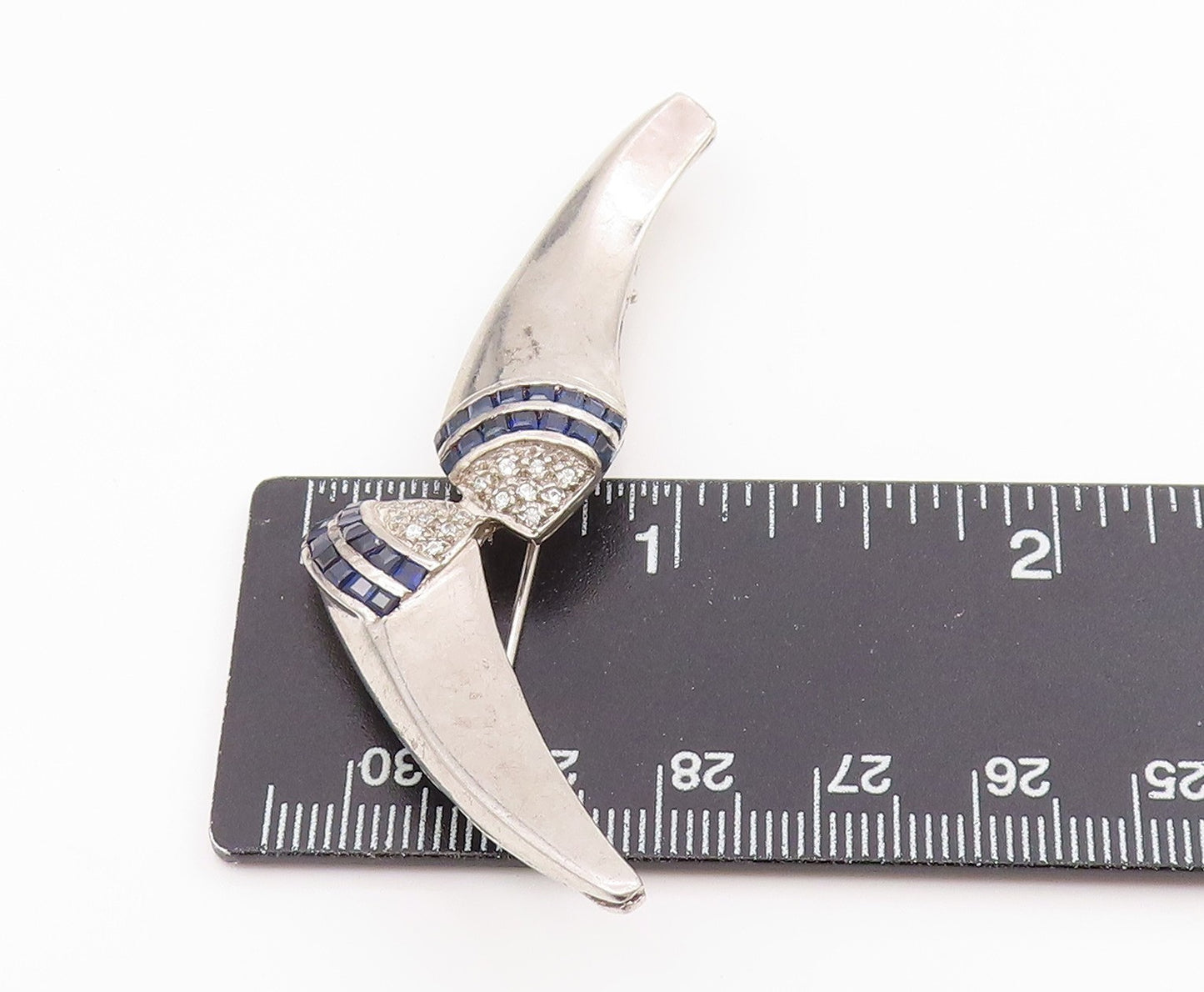 925 Sterling Silver Vintage Brooch Pin Real Diamonds & Sapphire Curves BP12192