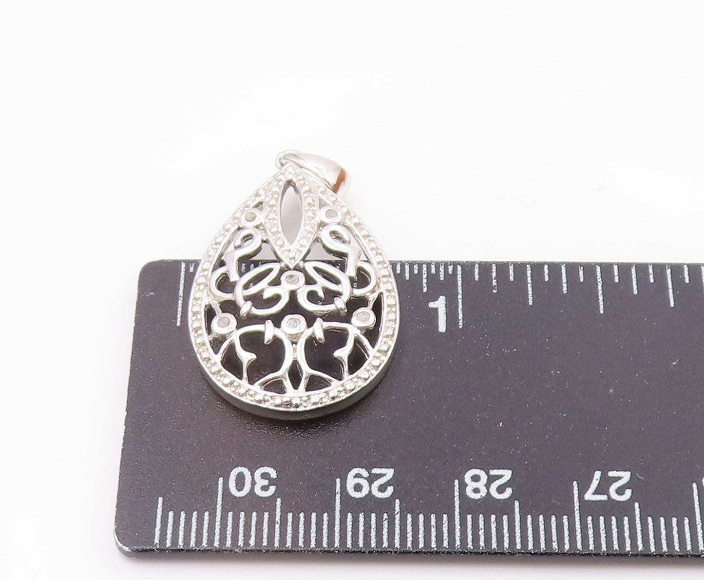 925 Sterling Silver Vintage Genuine Diamonds Tear Drop Swirl Pendant PT19271
