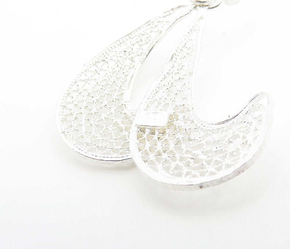 925 Sterling Silver Filigree Detail Curved Design Shiny Drop Earrings EG3026