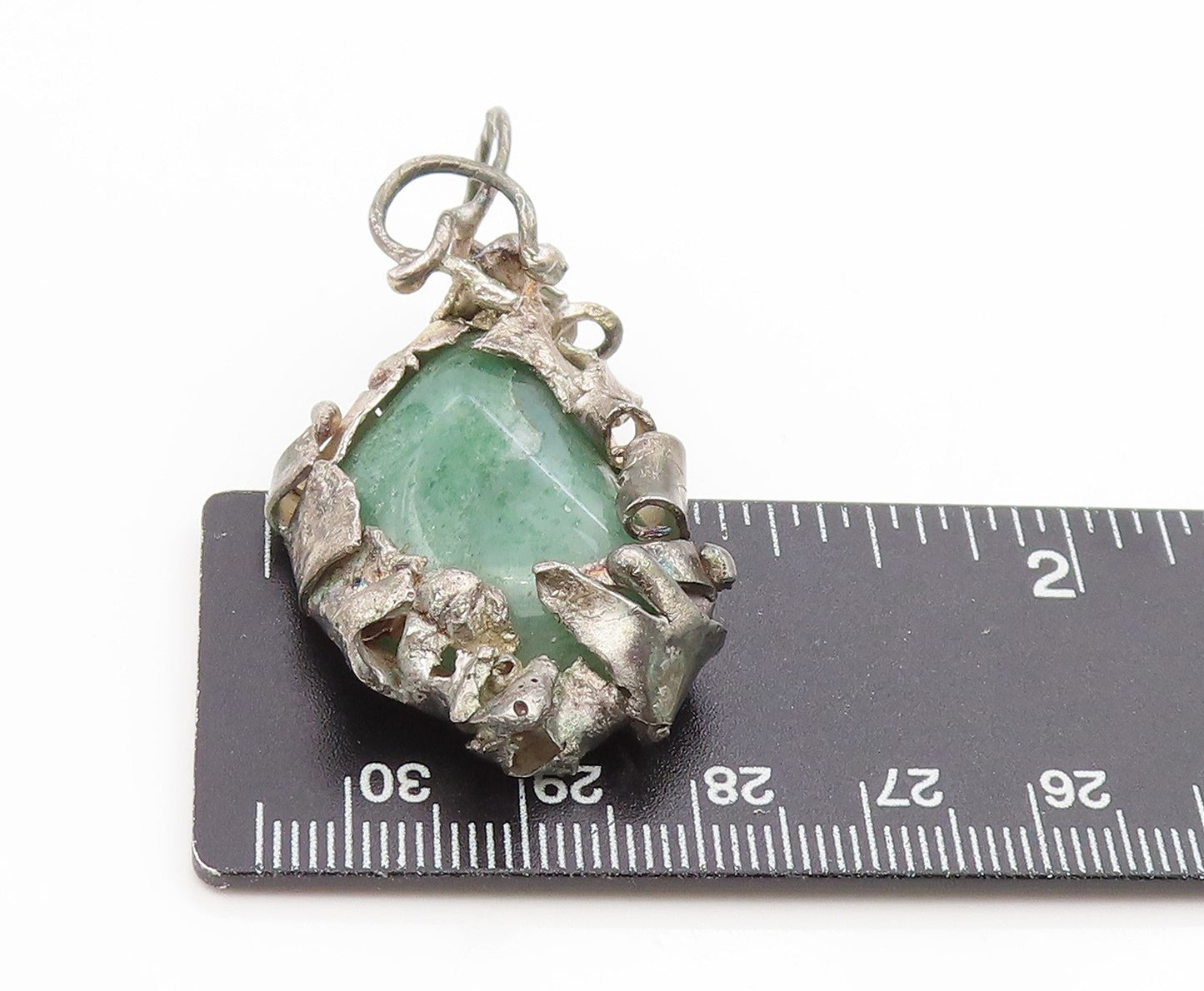 925 Sterling Silver Vintage Pendant Green Aventurine Brutalist Charm PT25691