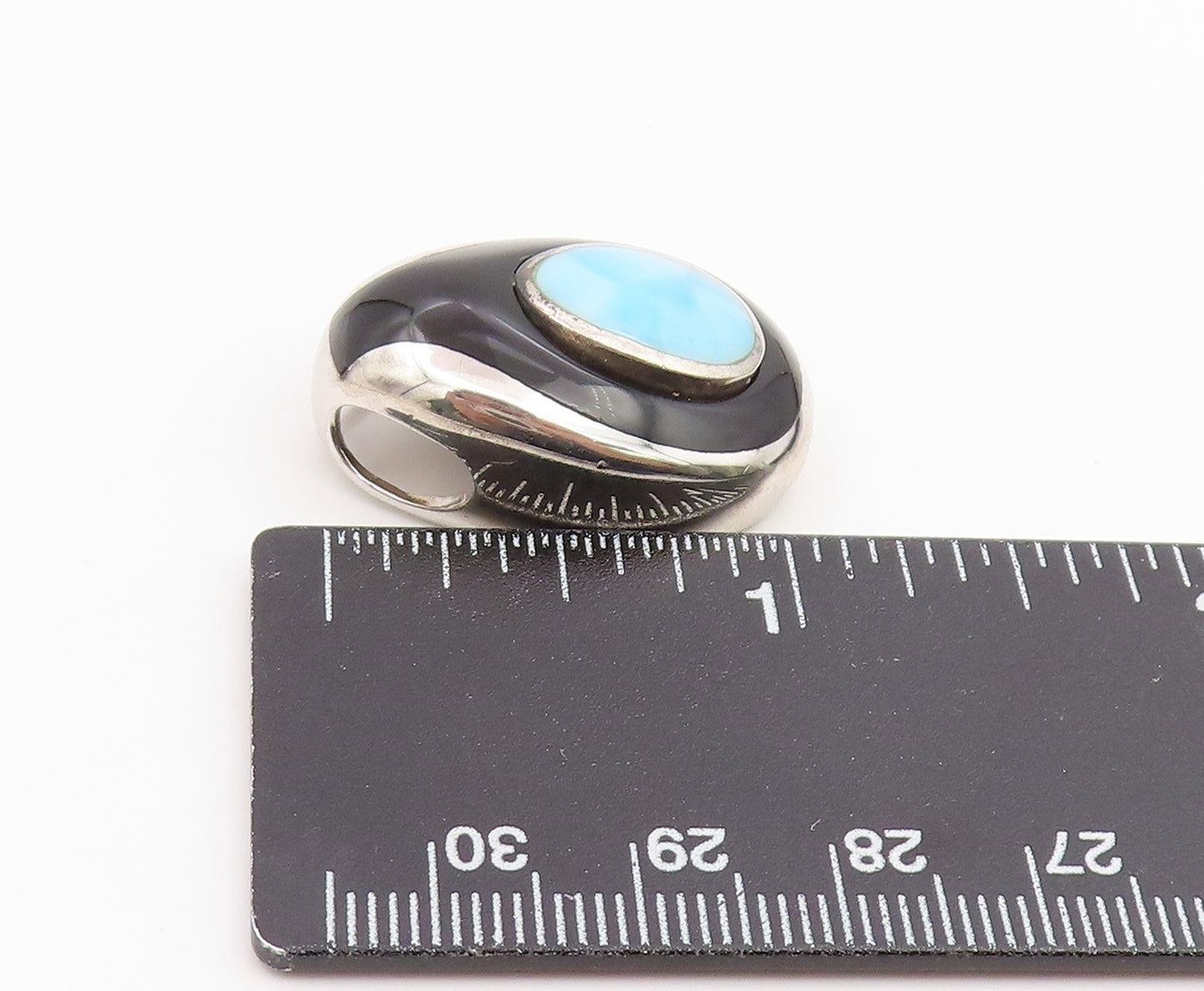 925 Sterling Silver Vintage Pendant Cabochon Larimar & Onyx Slide Charm PT25971