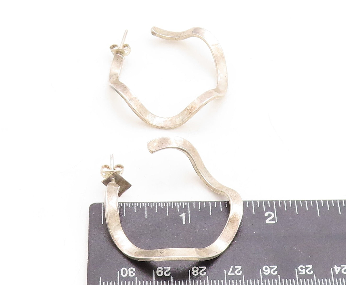 925 Sterling Silver Vintage Earrings Brutalist Wave Design Cutout Hoops EG13304