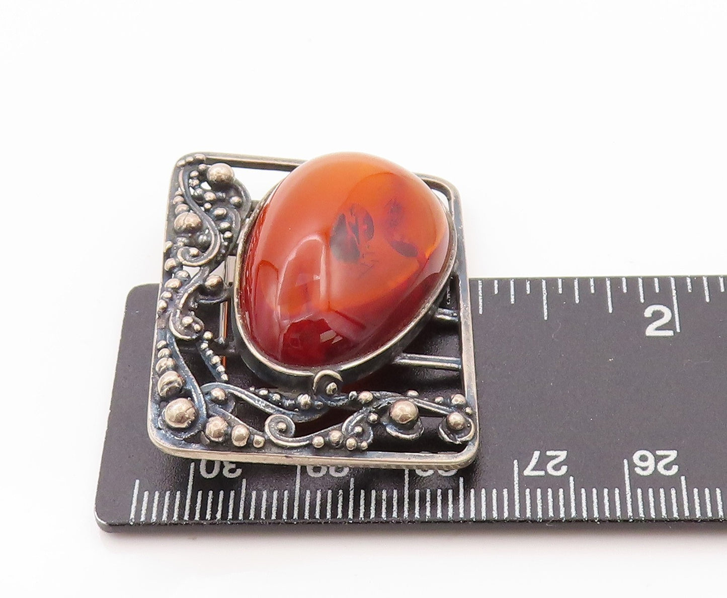 925 Sterling Silver Vintage Brooch POLAND Large Amber Swirly Cutout BP11621