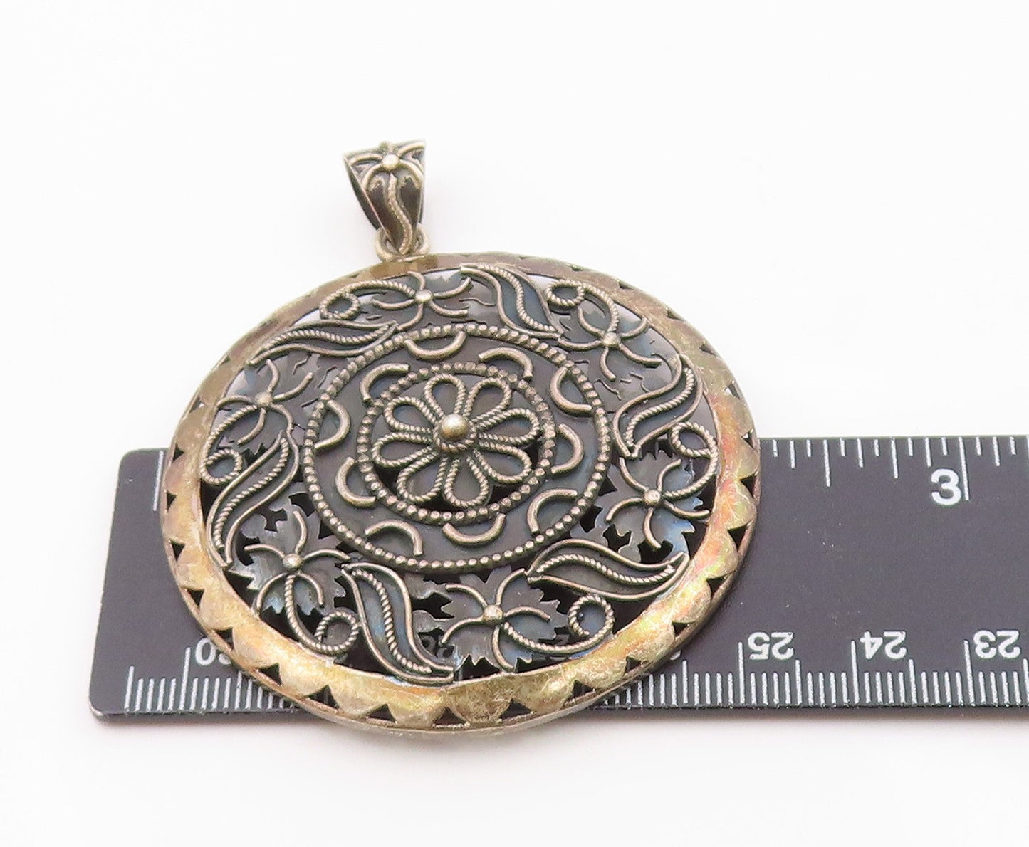 DOUG PAULUS 925 Silver Vintage Two Tone Floral Beaded Scroll Pendant PT20119