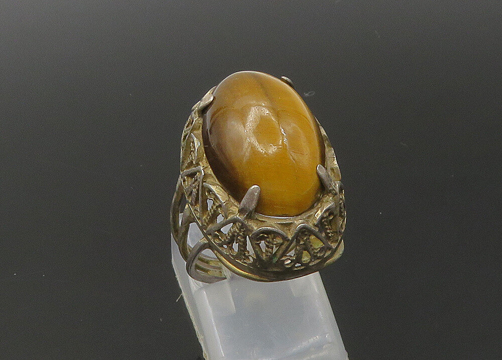 925 Sterling Silver Vintage Antique Tiger's Eye Cocktail Ring Sz 5.5 RG22617