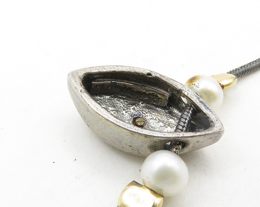 925 Sterling Silver & 14K GOLD Vintage Petite Pearls Two Tone Necklace NE3219