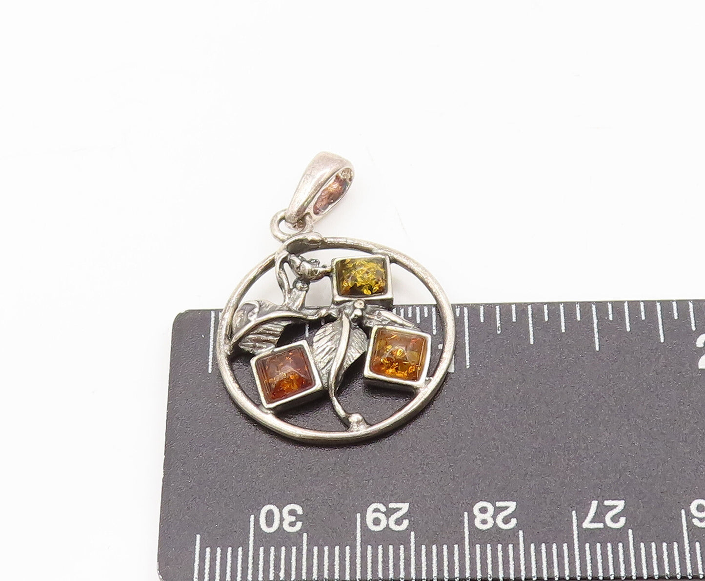POLAND 925 Sterling Silver Vintage Floral Cutout Amber Round Pendant PT22406