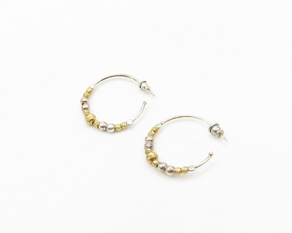 DYADEMA 925 Sterling Silver Vintage Shiny Two Tone Beaded Hoop Earrings EG9758
