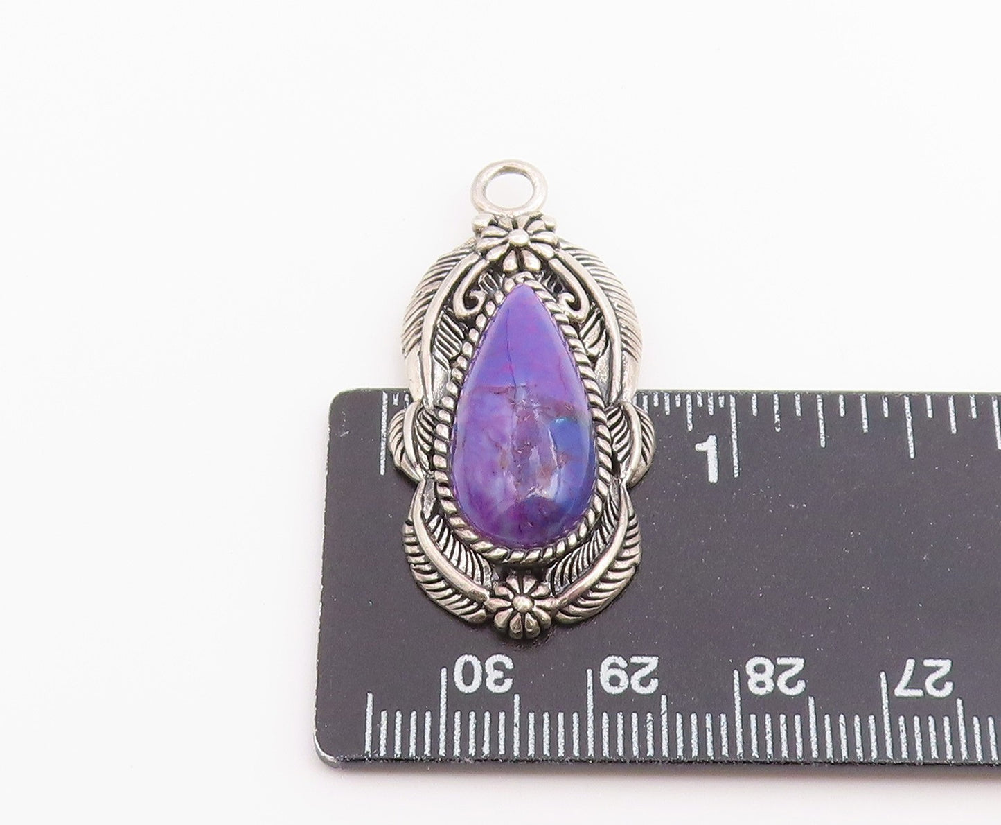 925 Sterling Silver Vintage Pendant Purple Turquoise Etched Leaf Drop PT26525