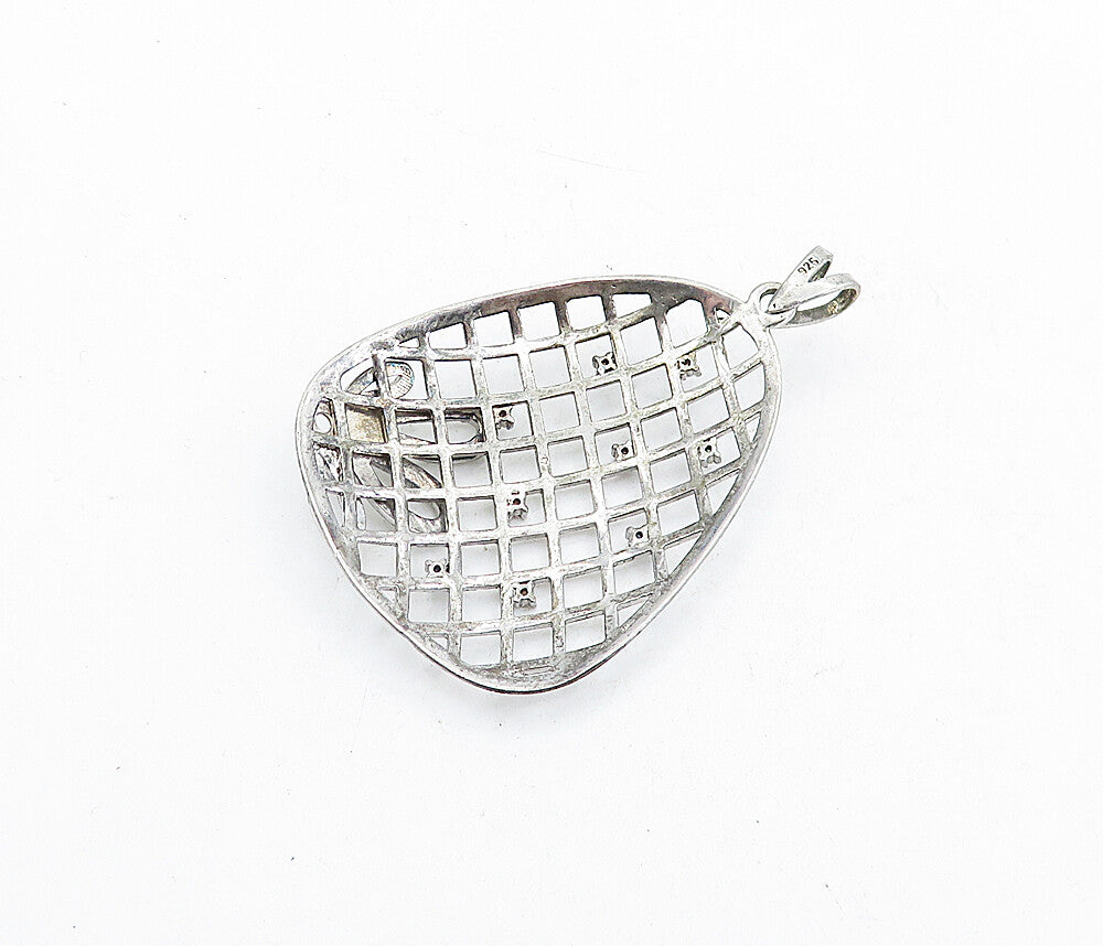 925 Sterling Silver Vintage Topaz Floral Grid Designed Drop Pendant PT3899