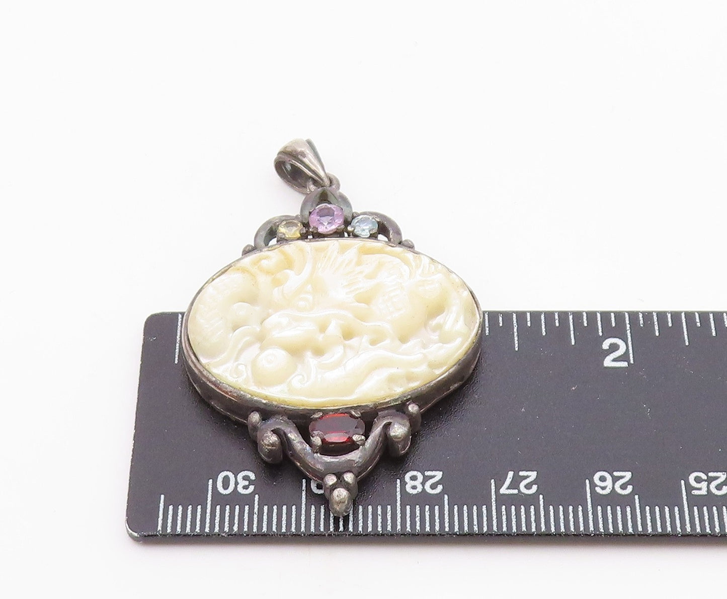 925 Sterling Silver Vintage Mother Of Pearl & Topaz Dragon Pendant PT7278