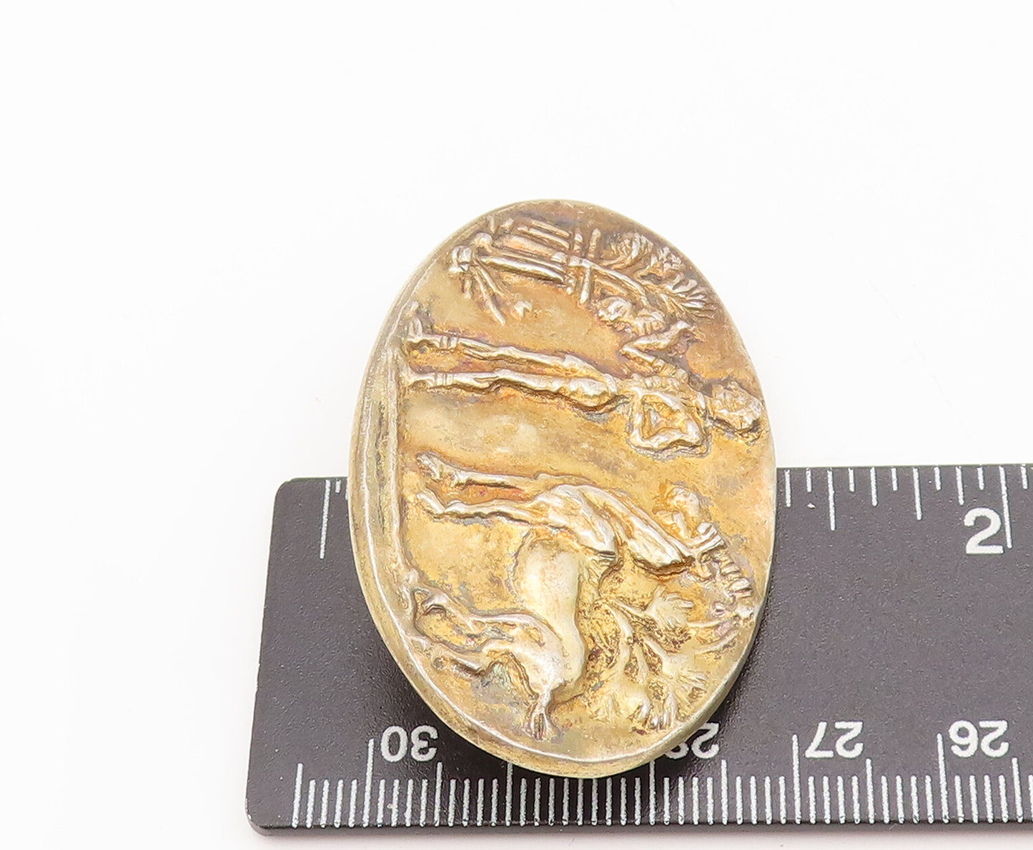 925 Sterling Silver Vintage Carved Man Tree Horse Oval Brooch Pin BP10341
