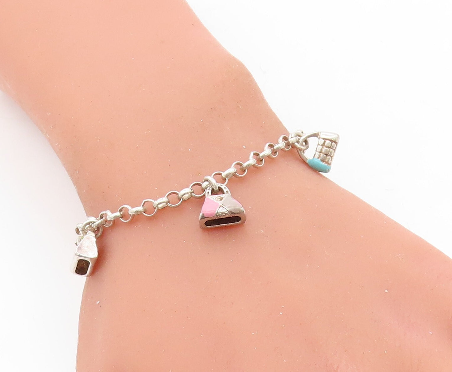 925 Sterling Silver Vintage Enamel Handbag Charmed Chain Bracelet BT3108
