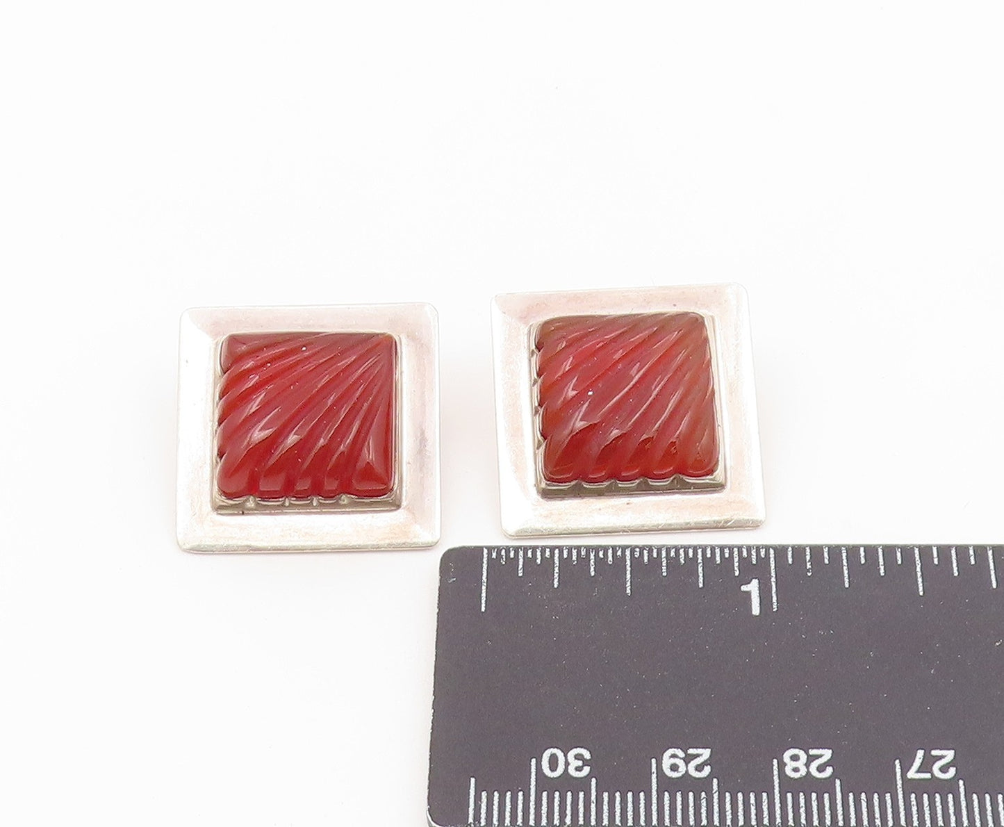 925 Sterling Silver Vintage Earrings Fluted Carnelian Geometric Clip On EG14499